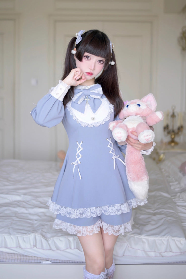 Jirai Kei Dress and Shorts Set with Hollow Bowknot, Lace-Up, Grey/Blue