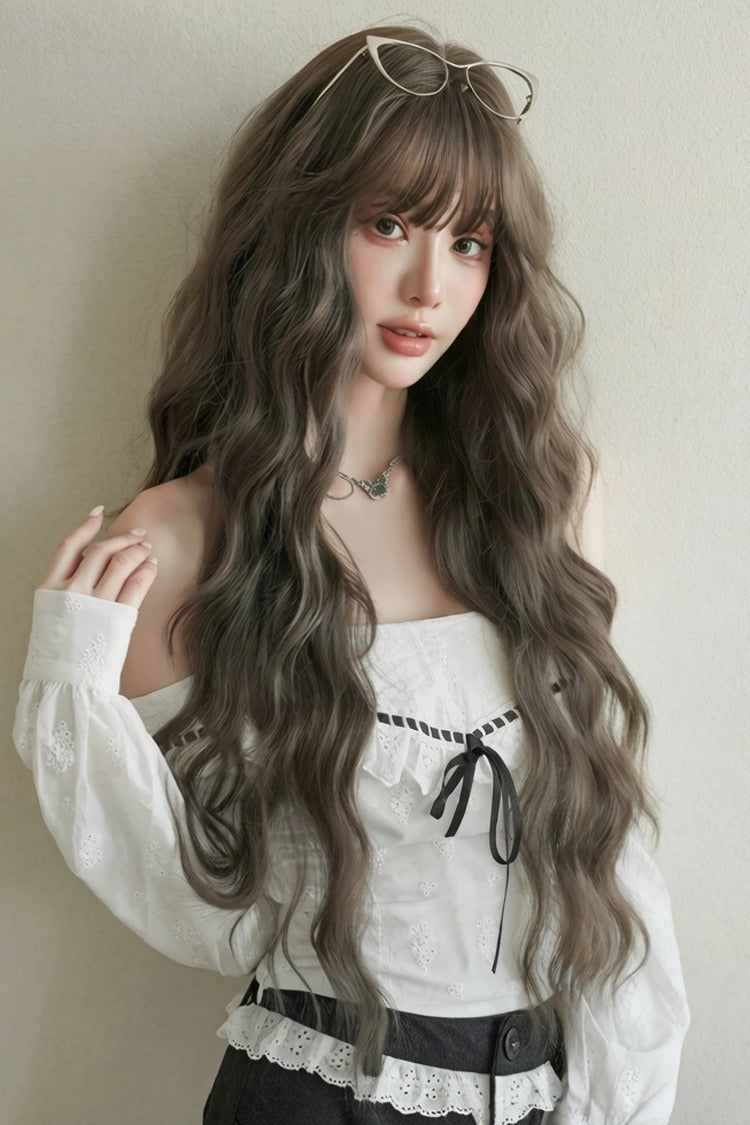 Natural Water Wave Curly Chestnut Ash Brown Long Wig, Fluffy Style