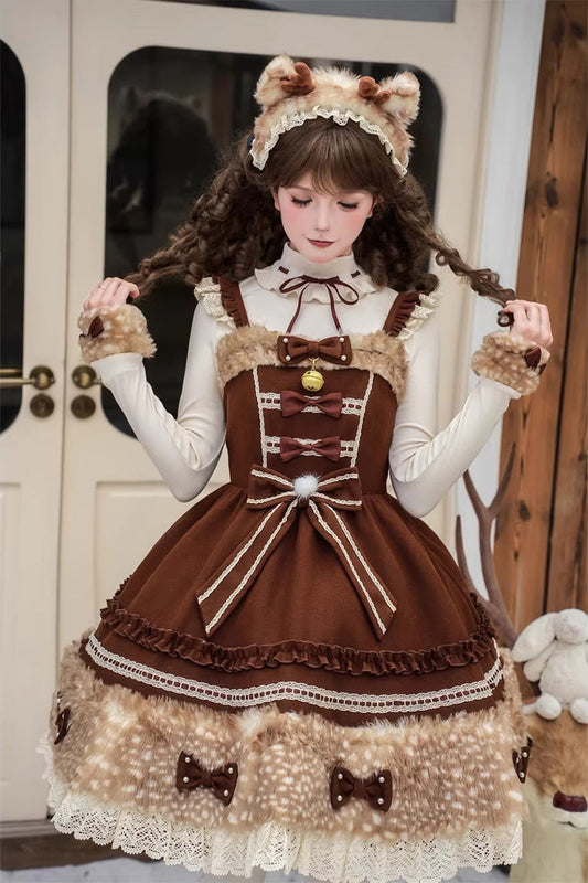 Brown Hazelnut Moose Sleeveless Ruffled Bow Plush Sweet Jsk Dress