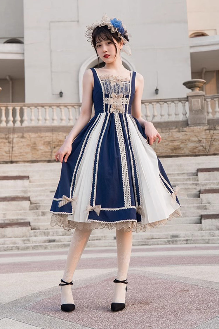 Blue White Color Contrast Sleeveless Classic Dress