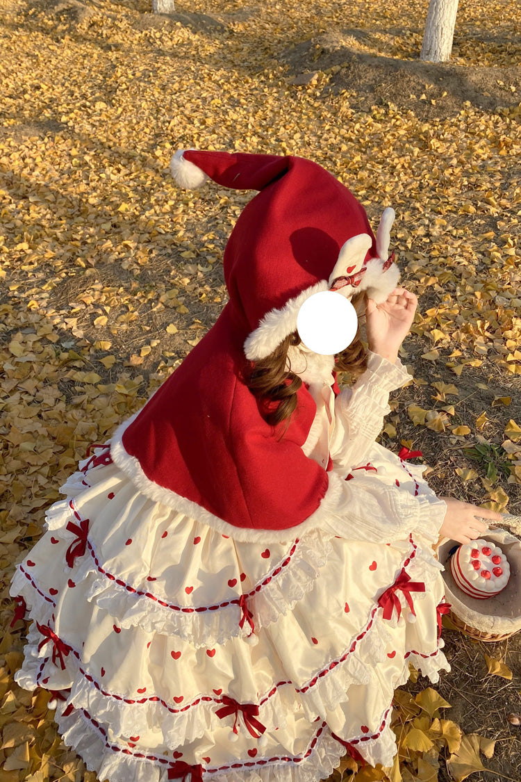 Crimson Apricot Triple-Layered Printed Ruffled Bow Lace Sweet Princess Lolita Dress with Cape