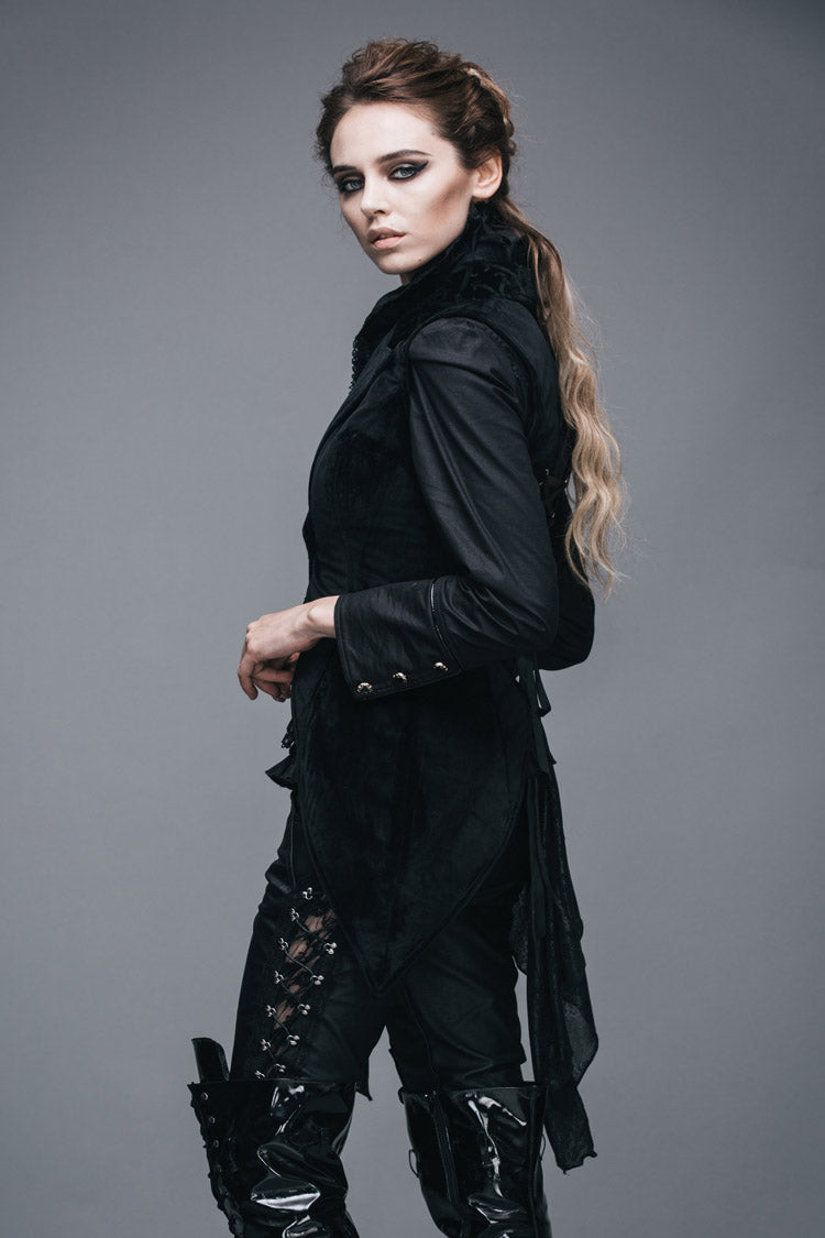 Noir Velvet Gothic Waistcoat with Frog Closures and Asymmetric Hem