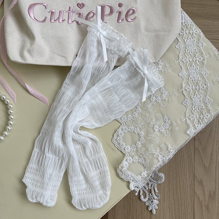 Ruffled Lace Tulle Socks Details Bowknot White/Black