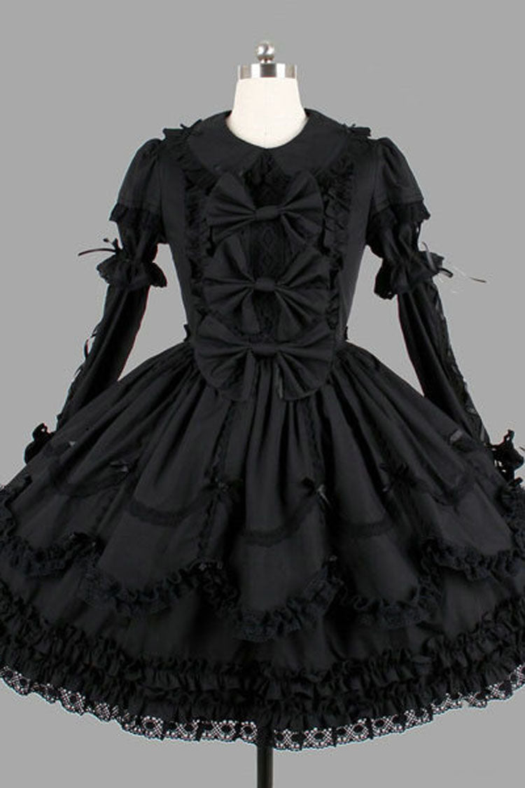 Cotton Lapel Collar Long Sleeves Knee Length Bowknot Ruffled Multi-Layer Gothic Lolita Dress