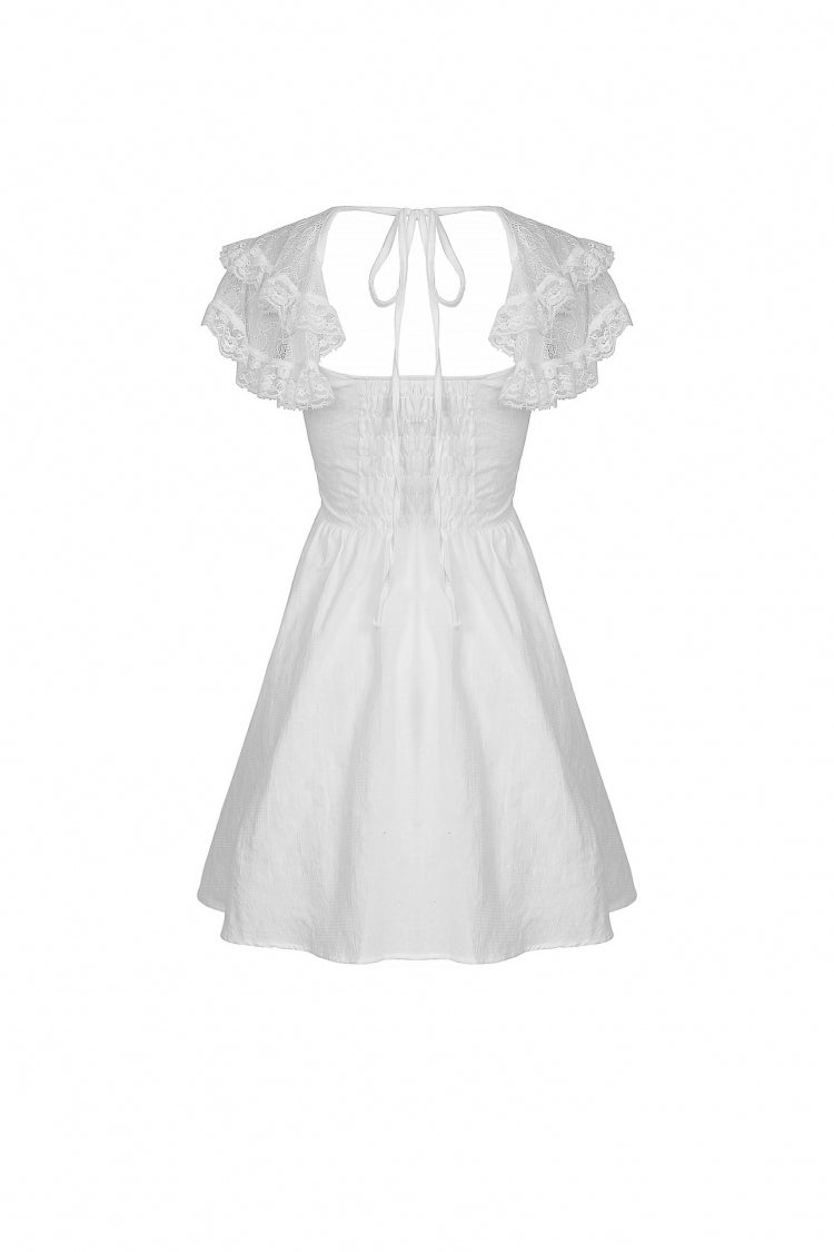 Ivory Layered Lace Square Neckline Strappy Gothic Mini Dress for Women