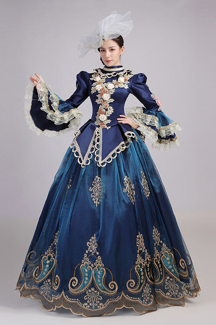 Blue Trumpet Sleeve Victorian Gown - 3D Flower Hollow Embroidery
