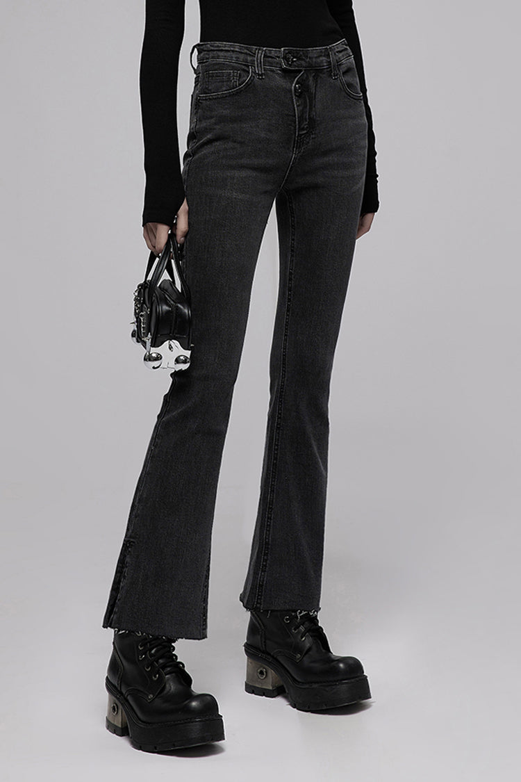 Distressed Denim Asymmetrical Flared Punk Pants with Elastic Waist