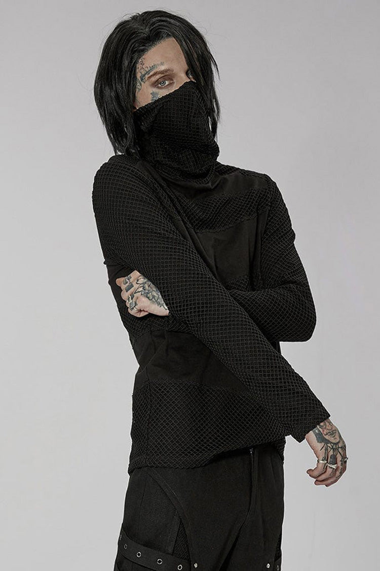 High-Collar Masked Mesh Long-Sleeve Punk Tee