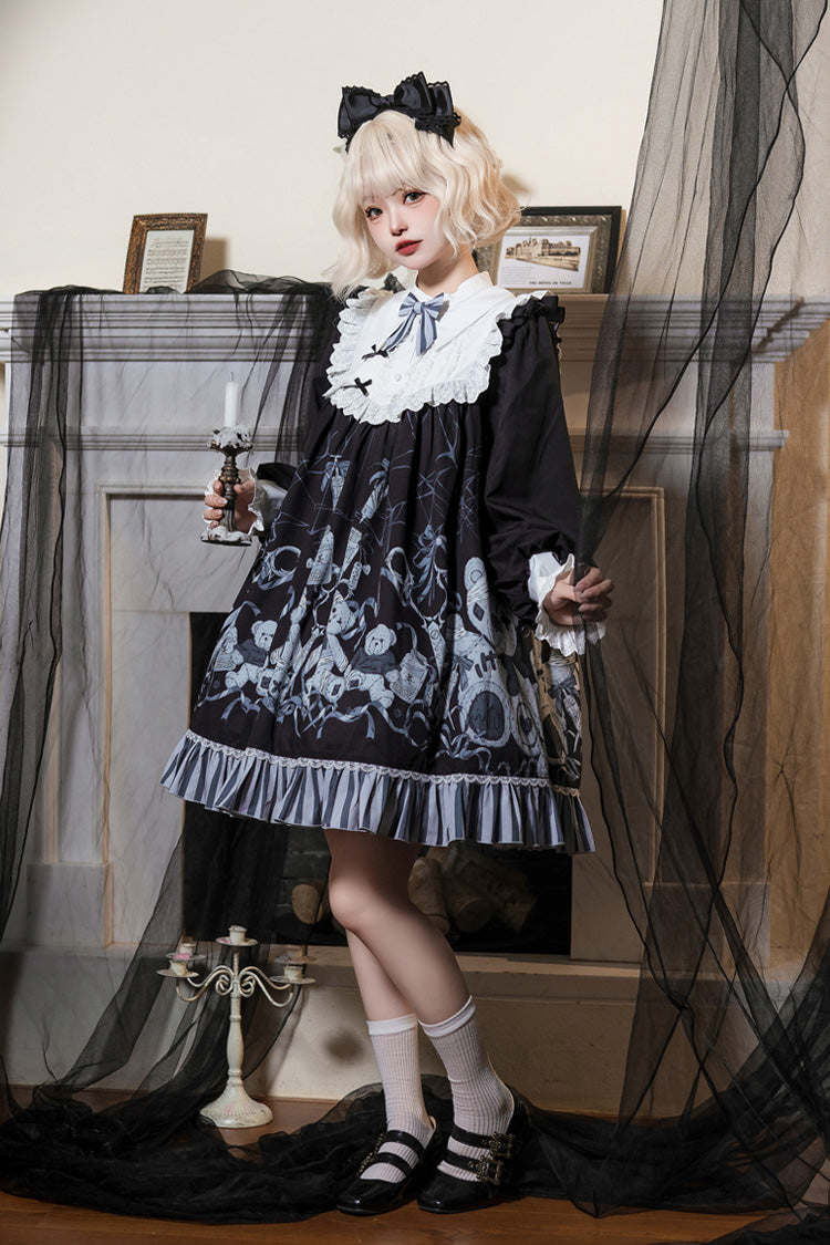 Gothic Lolita Dress with Bandage, Bear Print, Ruffles and Bowknot Lace