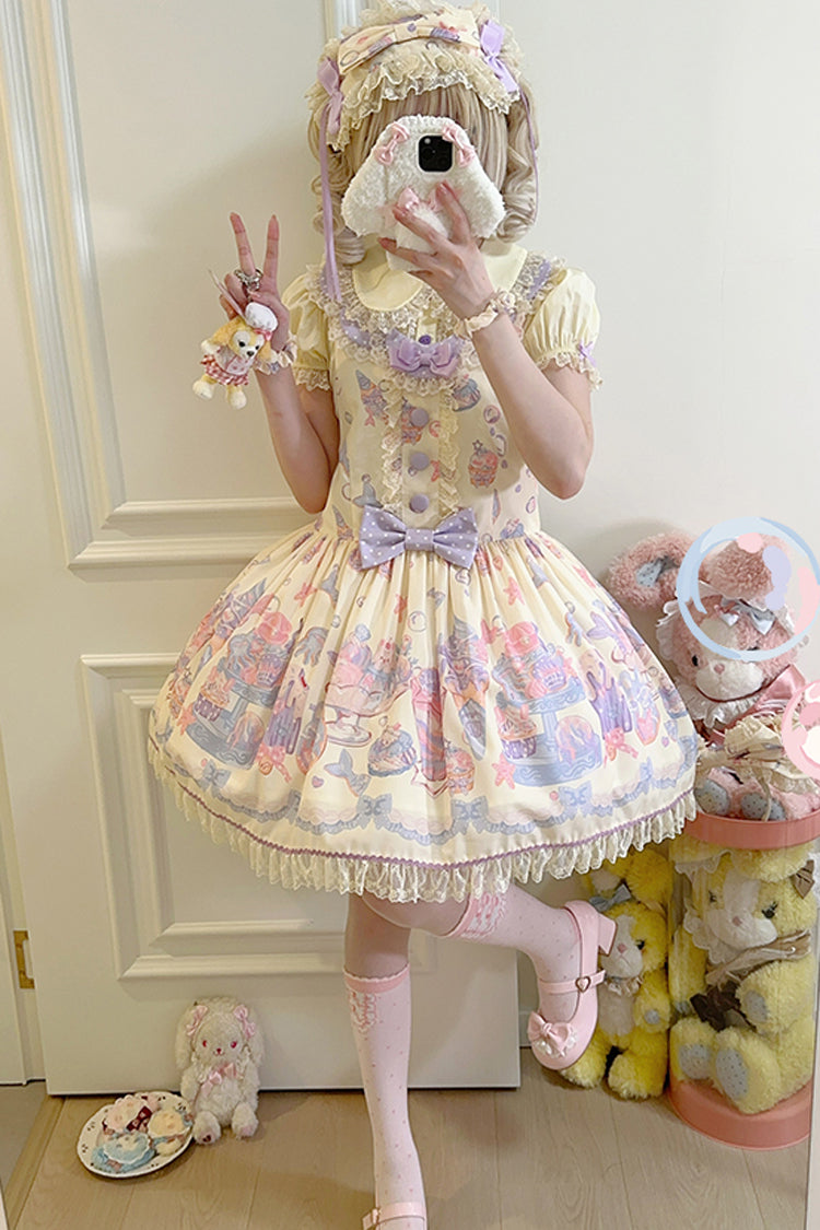Mermaid Print Bowknot Lace Strap Dress - Light Yellow