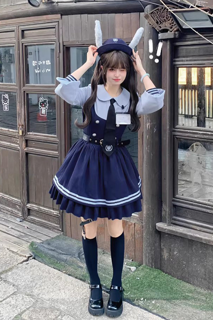 Blue Rabbit Officer Long Sleeves Printed Ruffled Faux Two-Piece College Style Sweet Dress