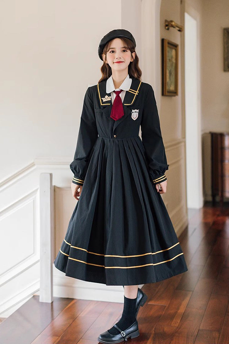 Black Embroidery Dress with Long Sleeves - College Style