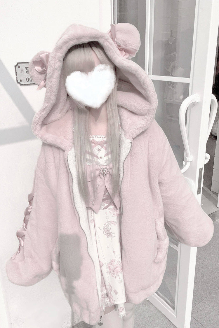 Bear Ears Long Sleeves Bow Lace-Up Hooded Zippered Sweet Jirai Kei Coat
