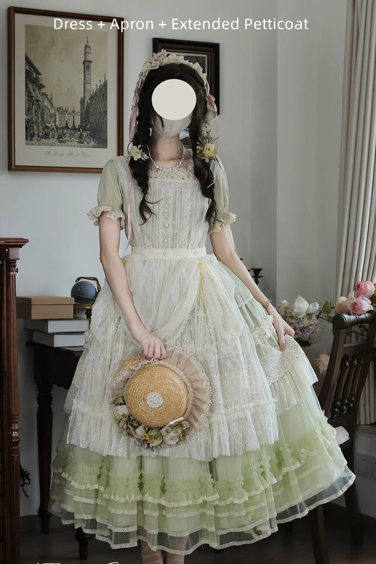 Vintage Ball Square Collar Lace Pearl Sweet Dress in Muscat Green