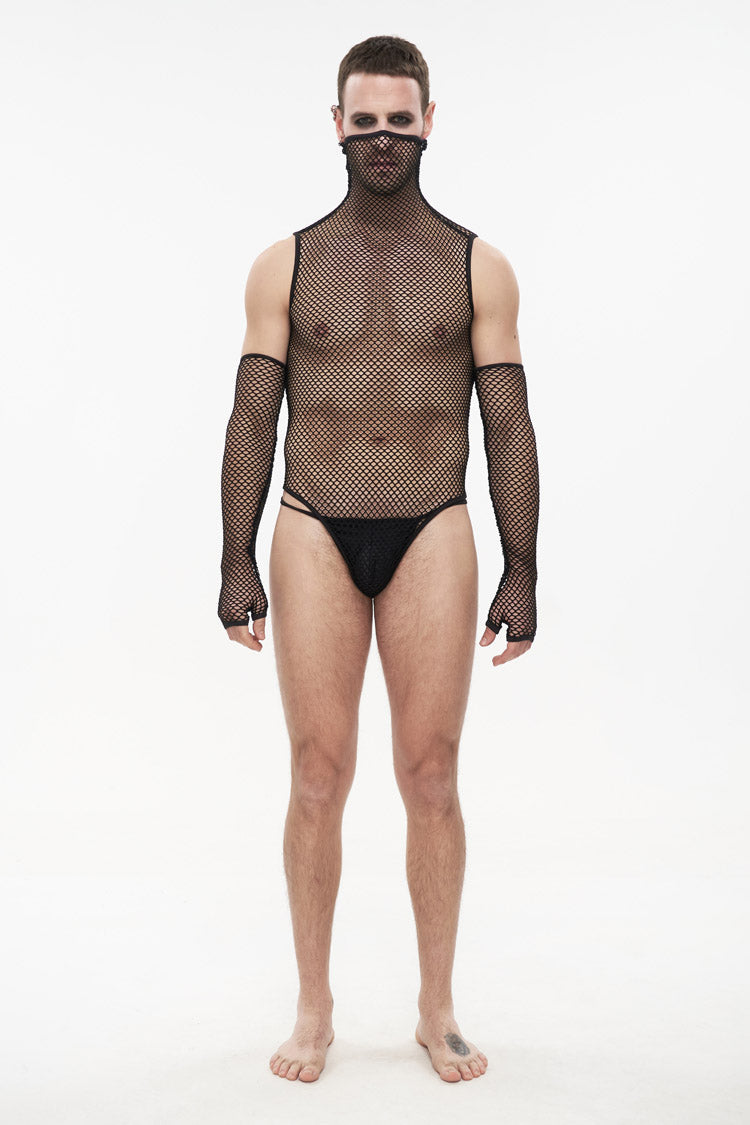 Sheer Mesh High-Collar Punk Onesie with Masked Gloves for Men