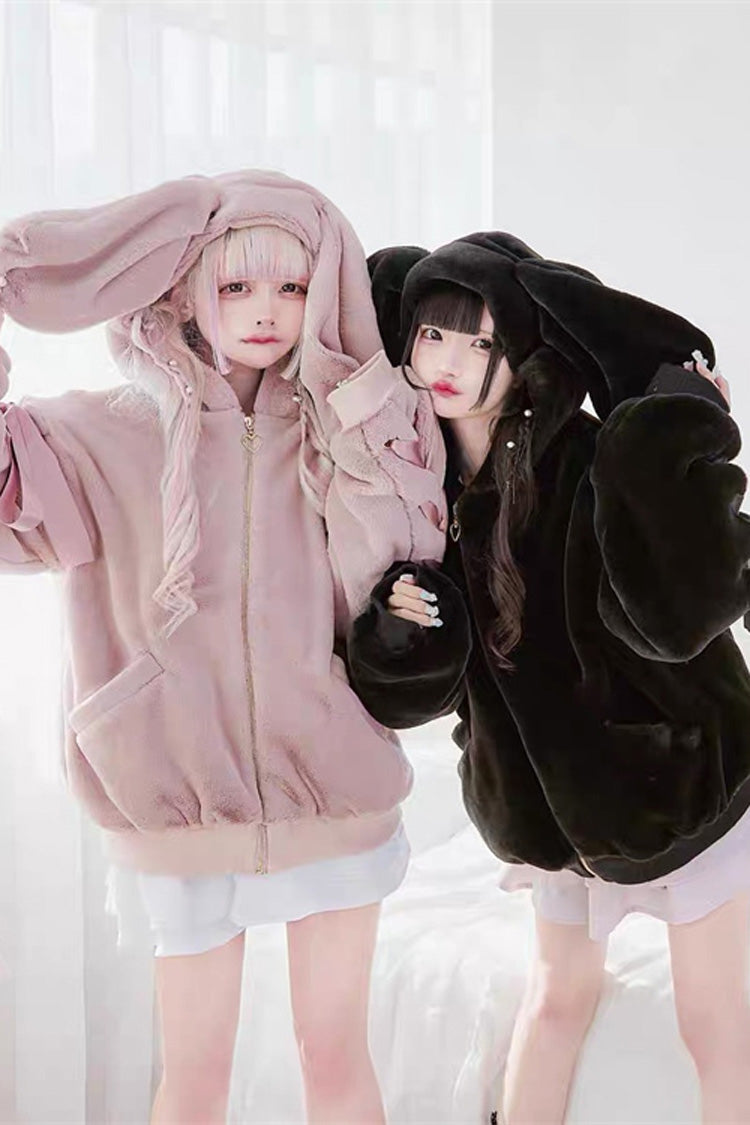 Rabbit-Ear Hooded Bow Lace-Up Long-Sleeve Noir Coat