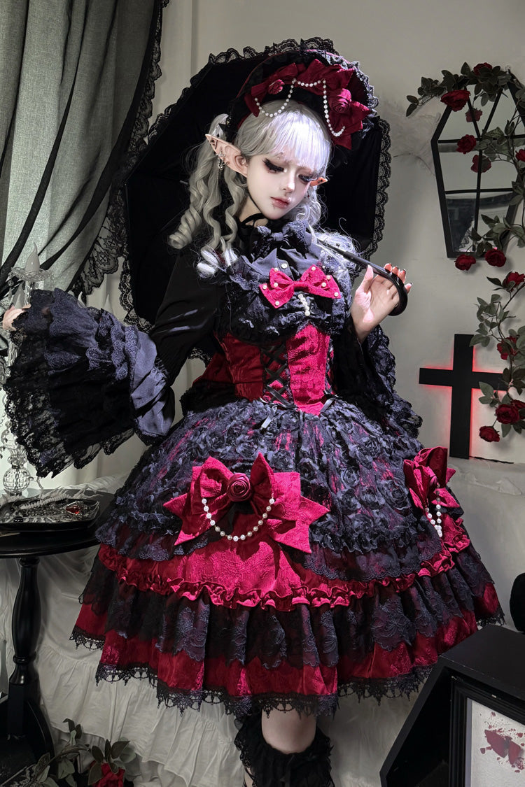 Crimson Ebony Sleeveless Ruffle Bow Lace Corset Gothic Ballet Jumper Dress - Rose Princess