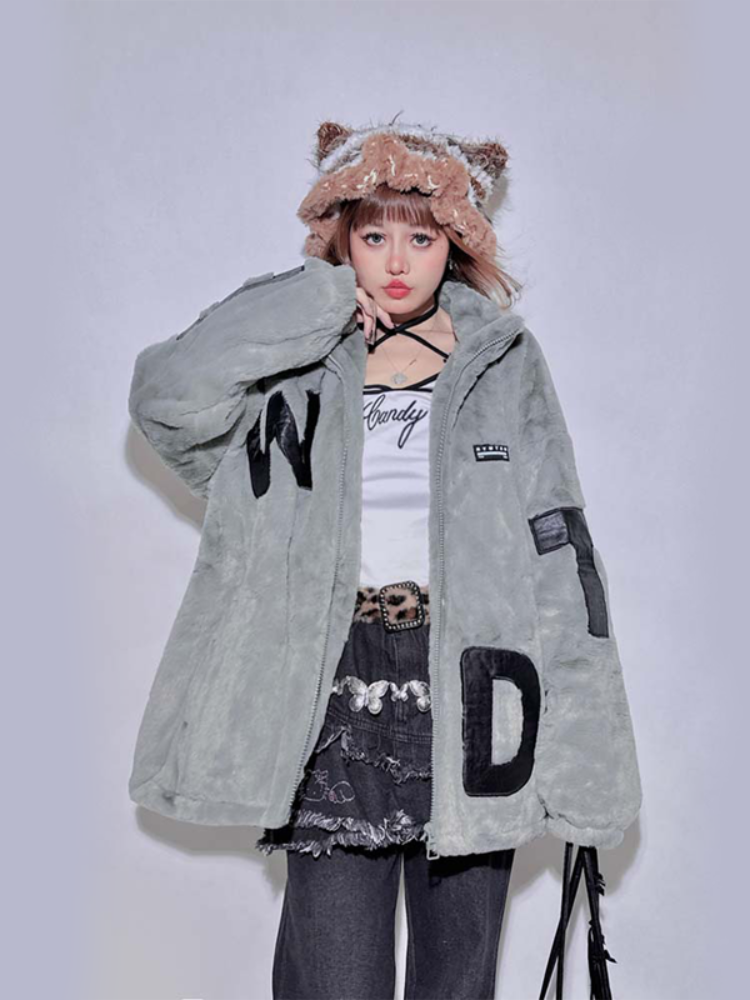 Gray Appliques Baggy Long Sleeves Plush Coat