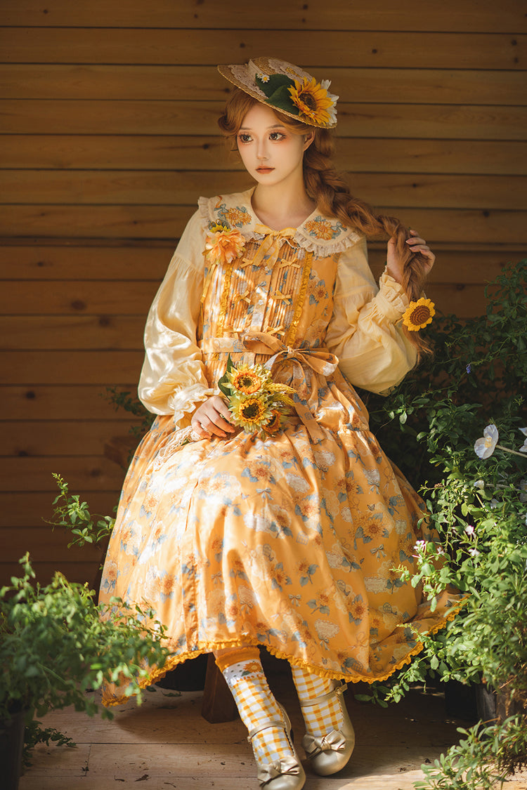 Yellow Sunflower Sleeveless Floral Bow Elegant Jsk Dress