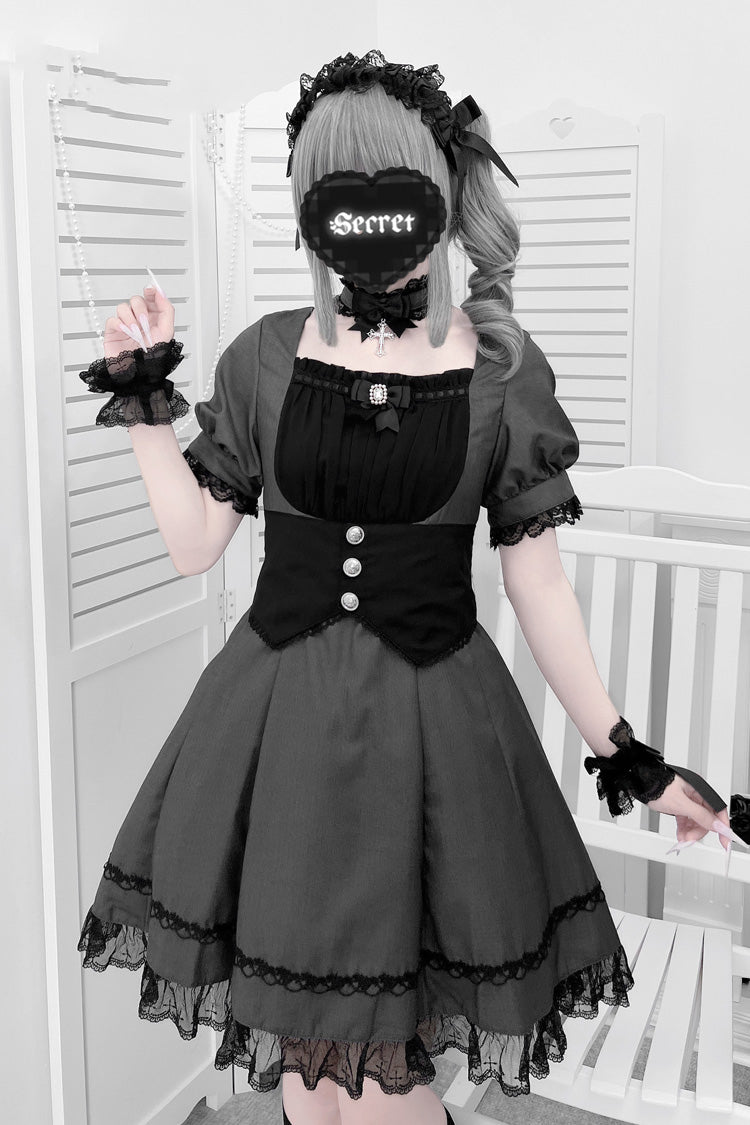 Slate Short Sleeve Ruffle Bow Cross Waist Maid Sweet Japanese Dress Set