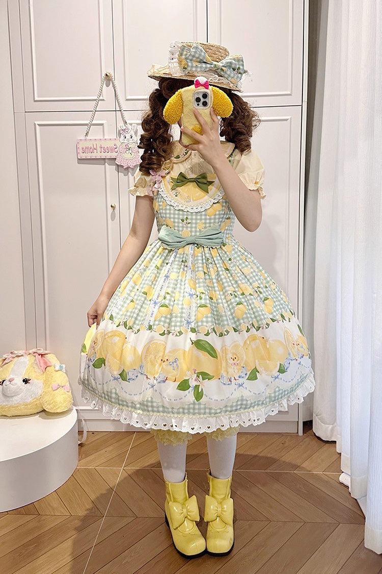 Verdant Printed Ruffle Bow Lace Sweet Jumper Dress - Lemon Chicken