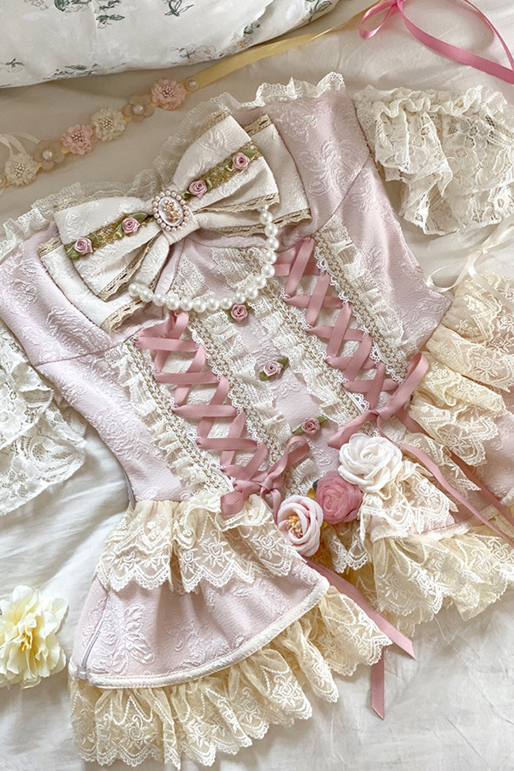 Rose Petal Triple-Tier Bow Lace Gorgeous Lolita Skirt - Sweet Tea Rose Dew