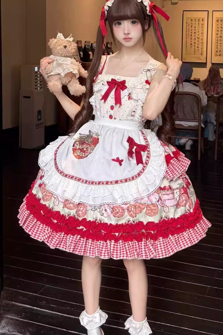 Crimson Strawberry Bear Print Sleeveless Dual-Layer Frill Bow Princess Sweet Lolita JSK