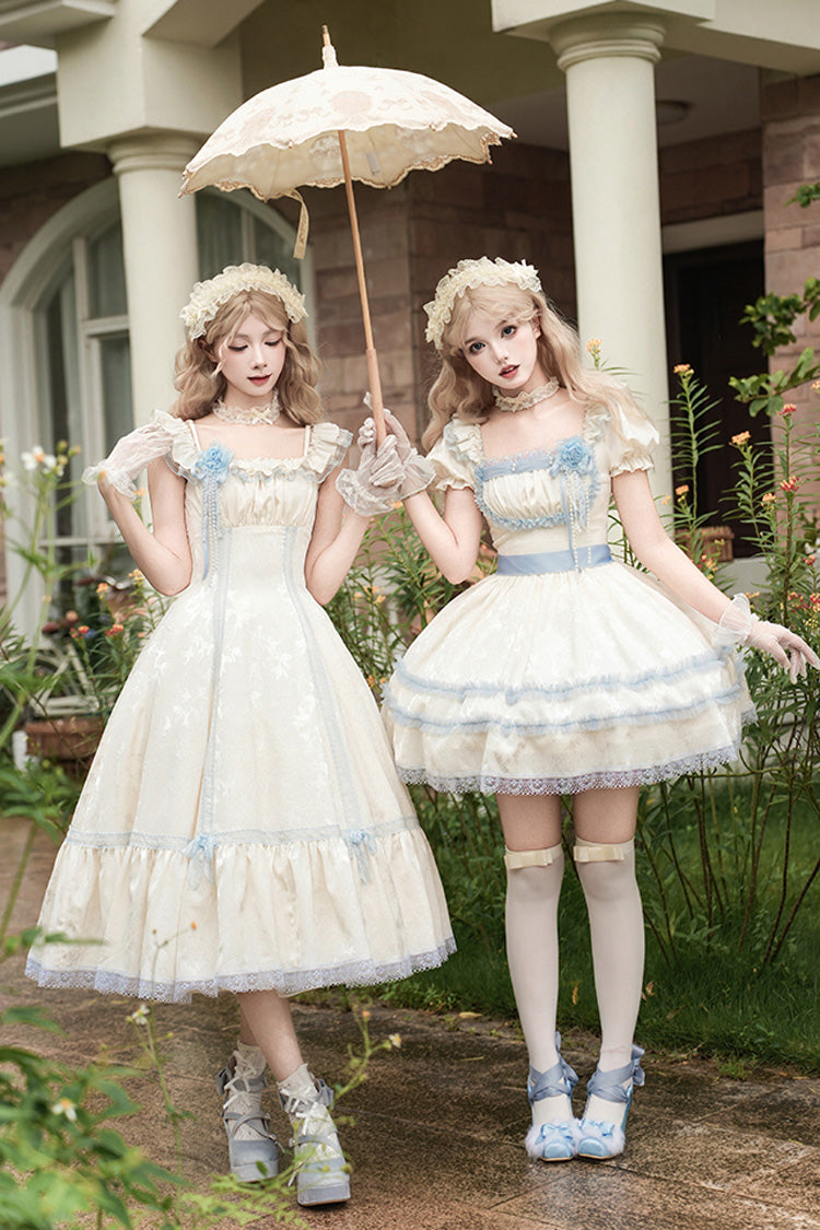 Ivory Square Collar Short Sleeve Ruffle Fishbone Sweet Short Dress - Sea Salt Iced Tea