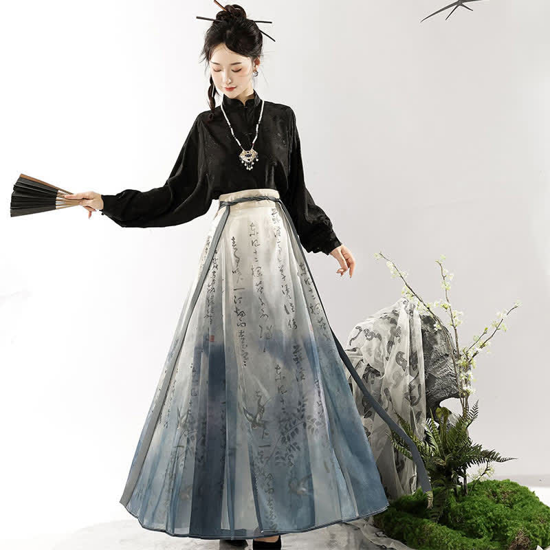 Vintage Long Sleeve Jacquard Shirt Character Print Pleated Skirt