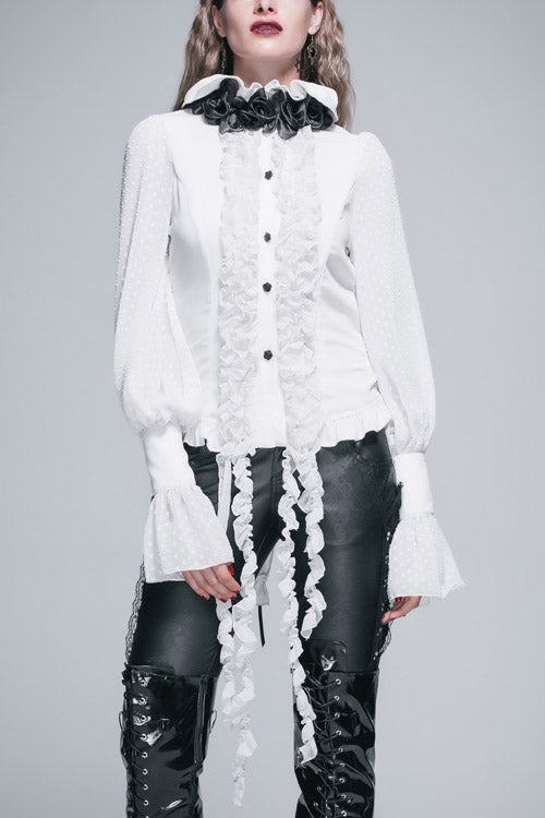 Ivory Gothic Blouse with Chiffon Ruffles and Dovetail Hem