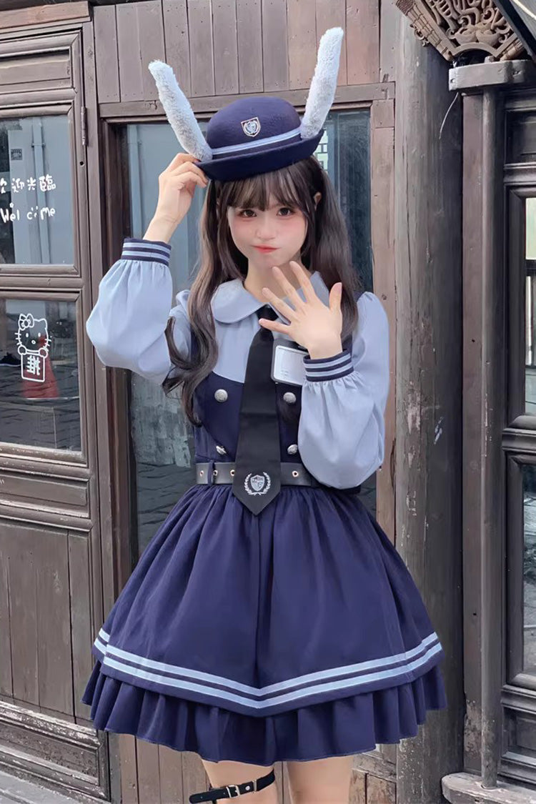 Blue Rabbit Officer Long Sleeves Printed Ruffled Faux Two-Piece College Style Sweet Dress