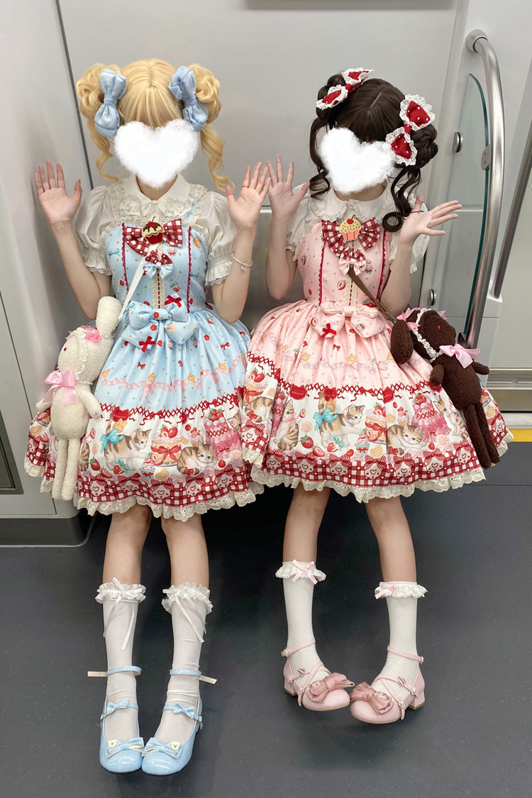 Strawberry Cake Kitty Sleeveless Printed Bow Lace Sweet Strap Dress