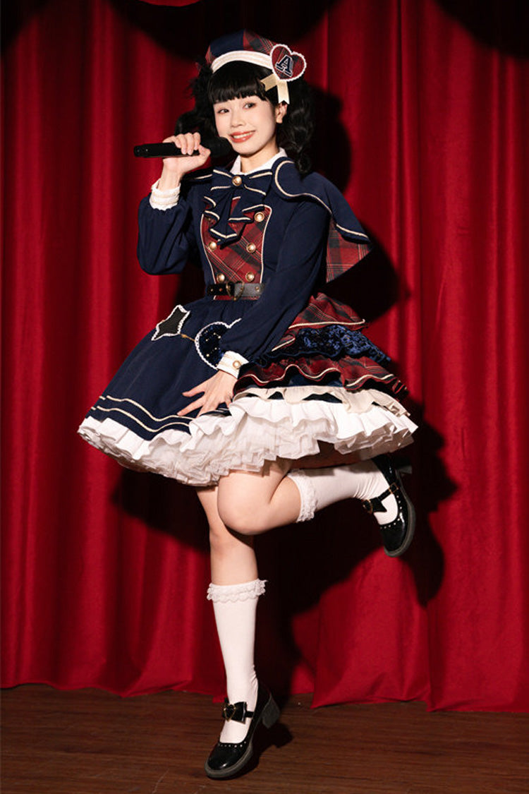Red Dark Blue Starlight Academy Style Long Sleeves Printed Ruffled Spliced Asymmetric Faux Two-Piece Sweet Dress