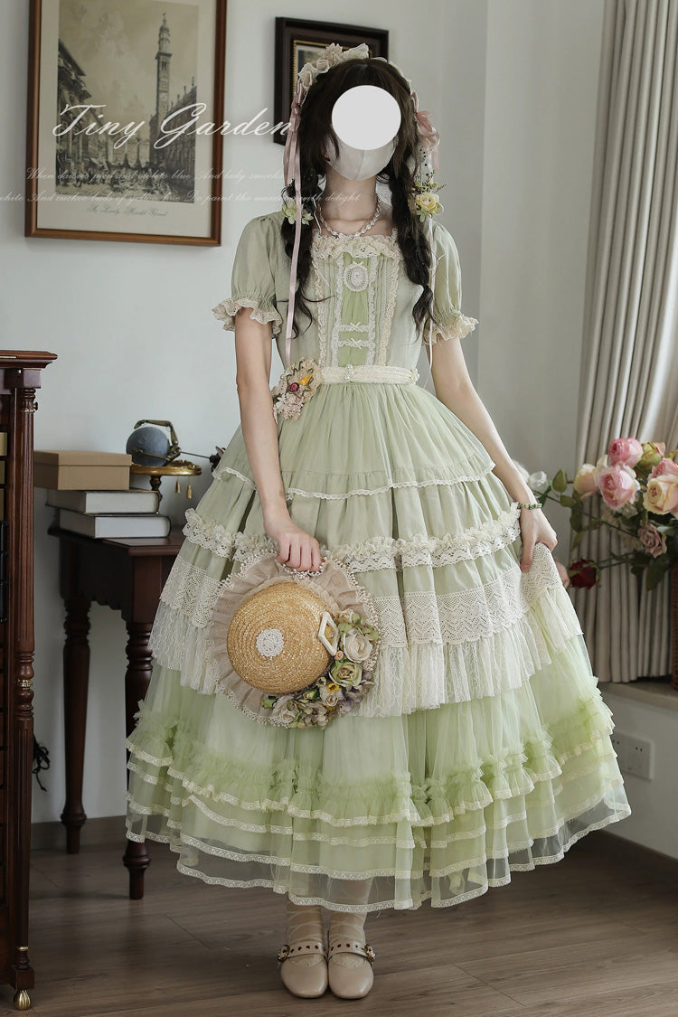Vintage Ball Square Collar Lace Pearl Sweet Dress in Muscat Green