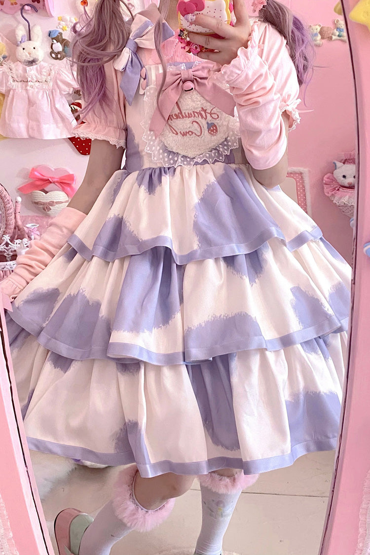 Blue Sleeveless Triple Layer Cow Print Ruffle Bow Sweet Jsk