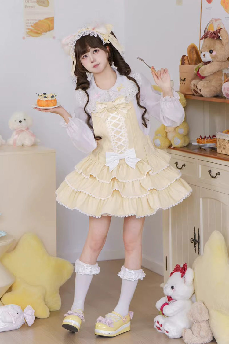 Yellow Nostalgic Showa Custard Cream Puff Sleeveless Triple-Layered Ruffled Bow Lace-Up Tiered Cake Sweet Jsk Dress