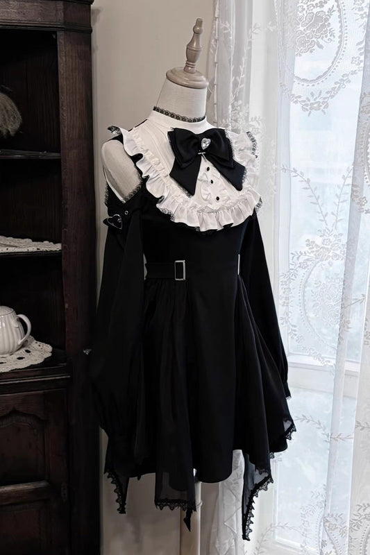 Stand Collar Off Shoulder Long Sleeves Ruffled Bow Lace Gothic Jirai Kei Dress