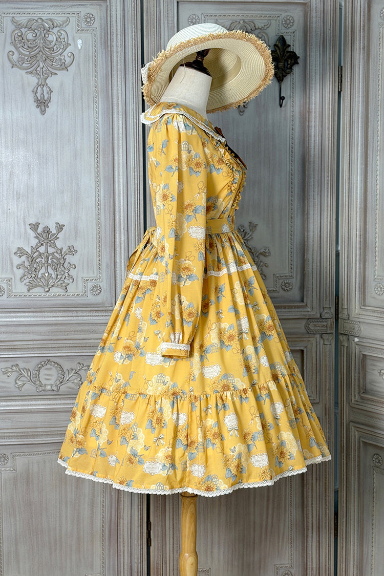 Sunflower Yellow Long Sleeve Floral Bow Elegant Lolita Dress