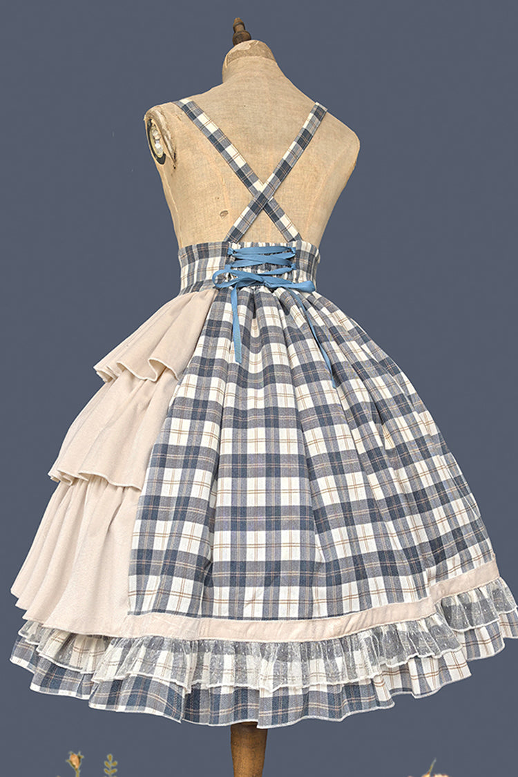 Sweet Lolita Strap Dress with Asymmetric Ruffle, High Waist, Grey/Blue Morning Tune