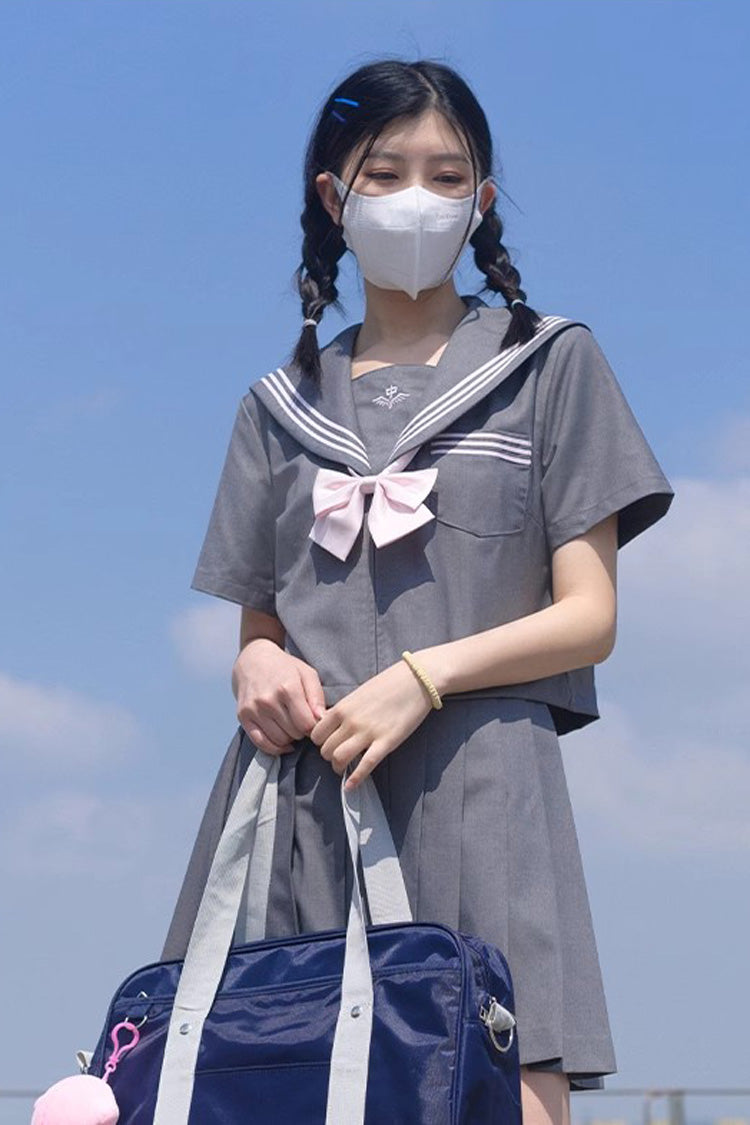 Ash Navy-Collar School Pleated Skirt