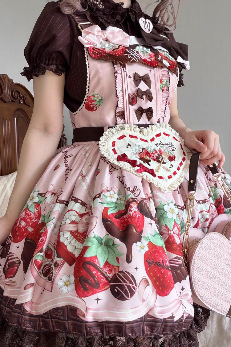 Rose Sleeveless Embroidered Bow Lace Lolita Strap Dress - Strawberry Chocolate Lover