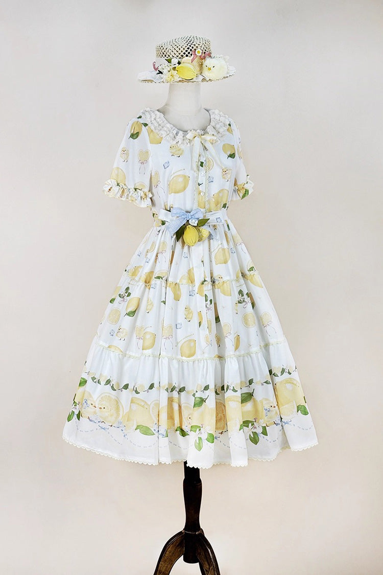 Print Ruffled Bow Lace Daily Sweet Lolita Dress - White Lemon Chicken