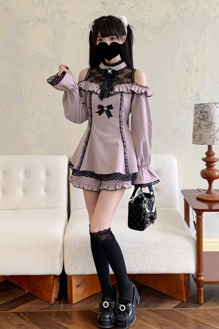 Sweet Off Shoulder Halterneck Long Sleeve Ruffled Bow Lace Jirai Kei Dress Shorts Set