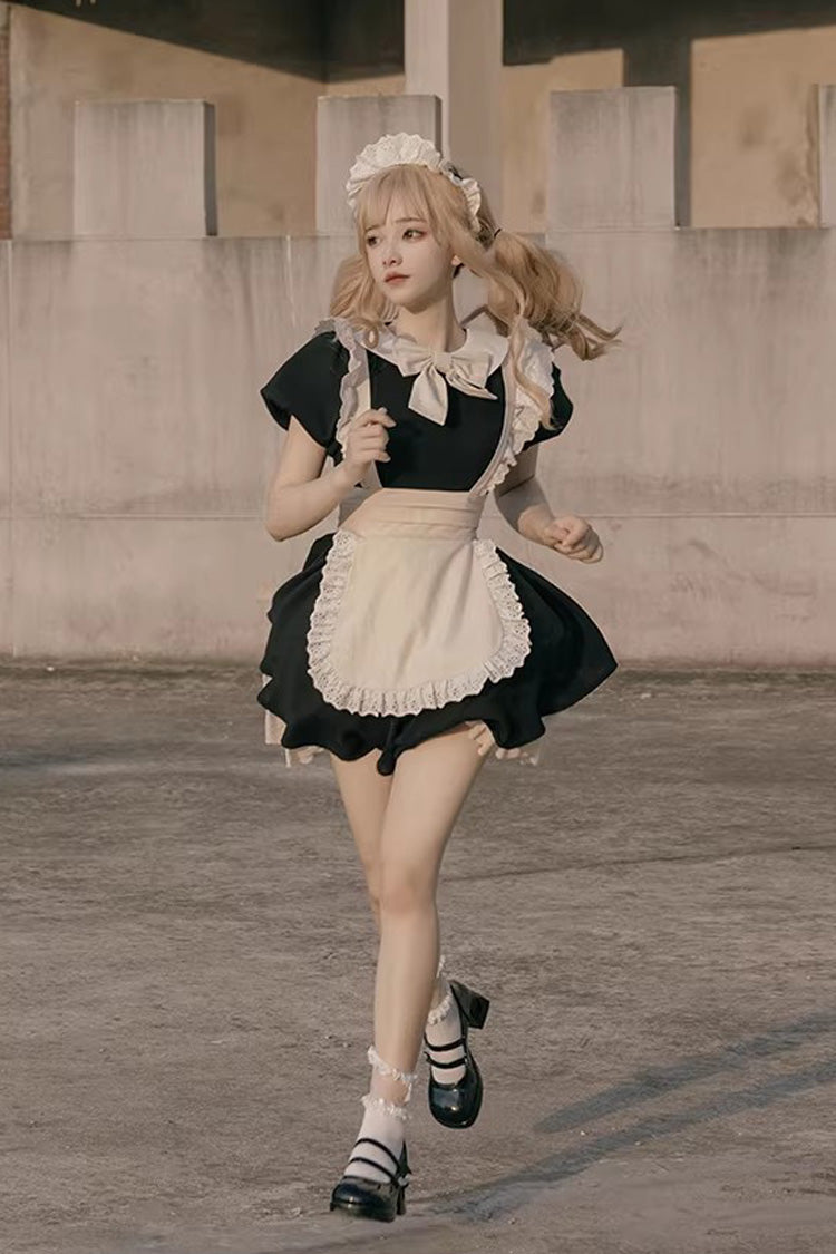 Monochrome Sweet Maid Dress with Ruffled Bow and Round Collar - Two Lengths