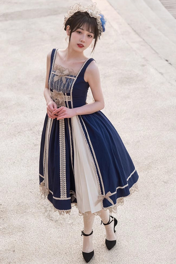 Blue White Color Contrast Sleeveless Classic Dress