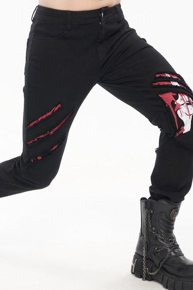Ripped Leg-Bone Print Punk Trousers in Twill