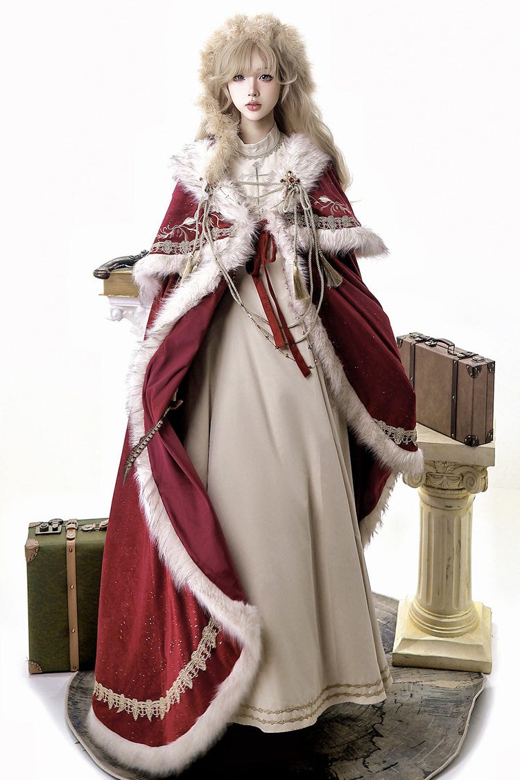 Crimson Royal Coronation Embroidered Luxurious European Court Lolita Dress with Cape Set