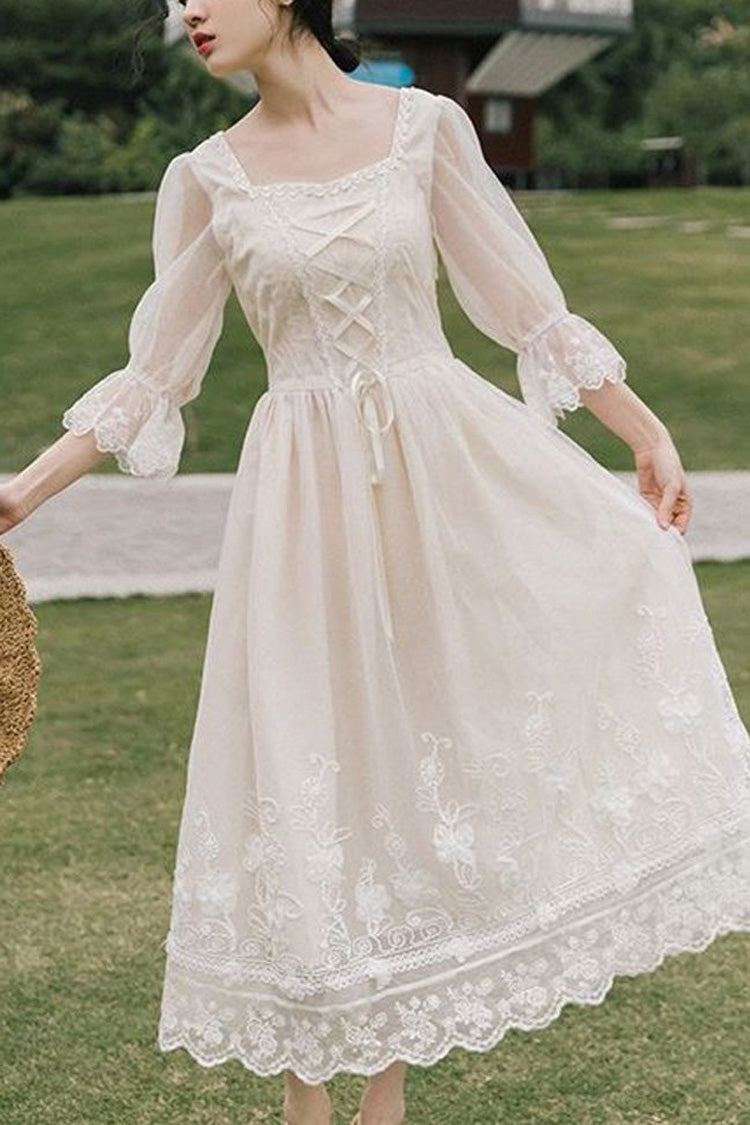 Ivory Sweet Lolita OP Dress with Lace Floral Embroidery and Half Sleeves