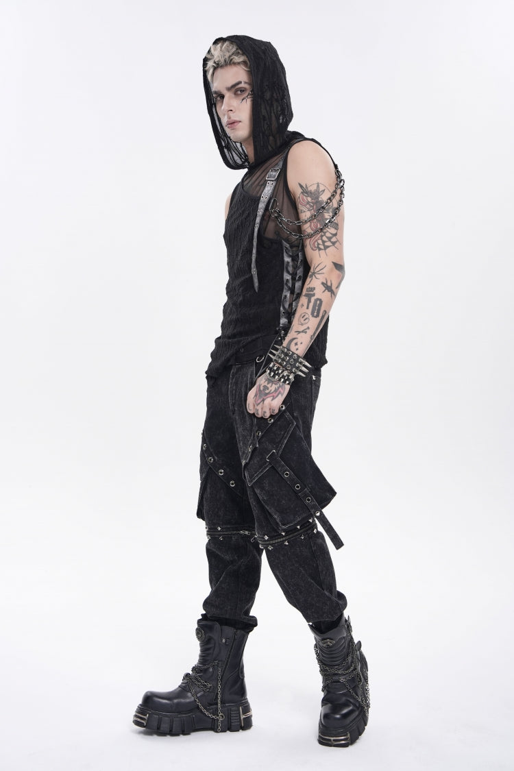 Men's Punk Hooded Vest with Sheer Asymmetric Chain-Decorated Design