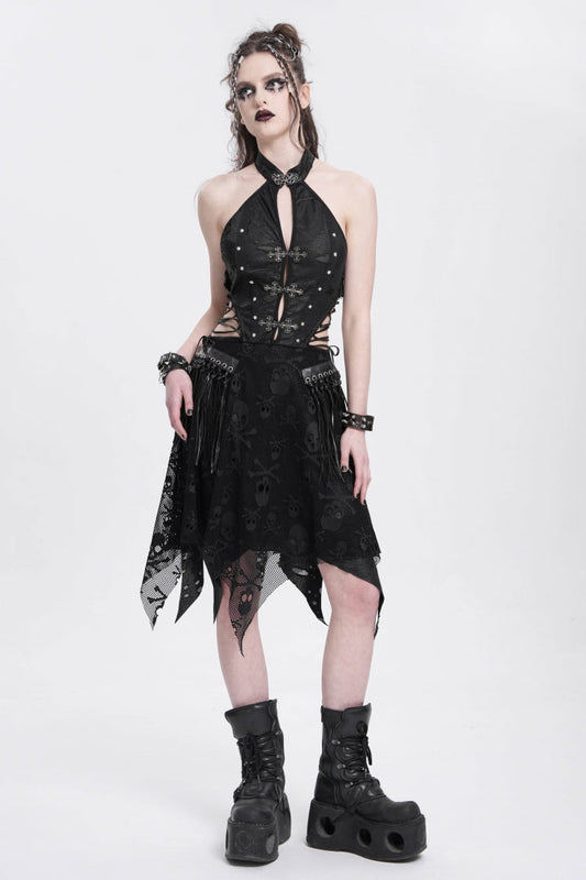 Black Halterneck Sleeveless Skull Print Asymmetrical Punk Gown